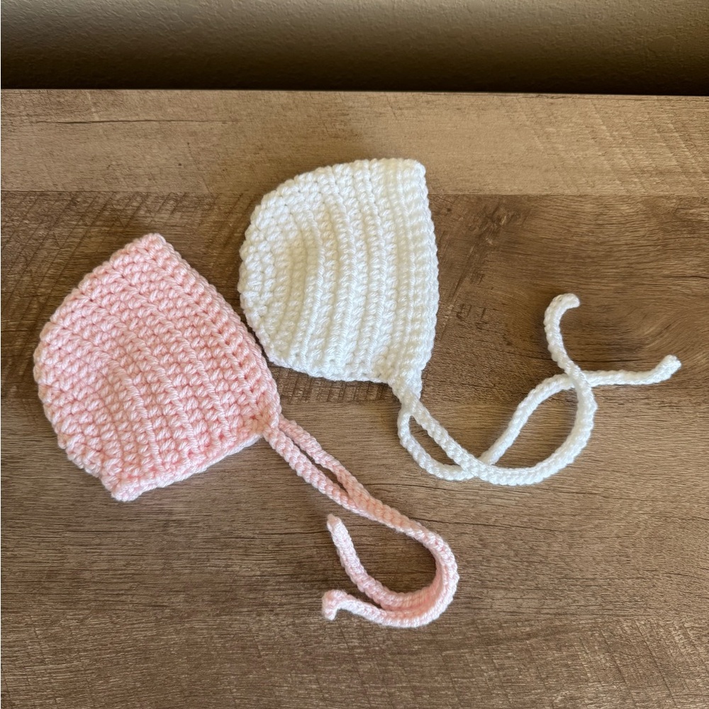 Handmade Twins Pink and White Crochet Baby Bonnets